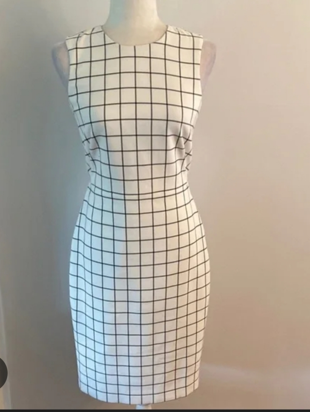 Calvin Klein White Sheath Dress with Black Windowpane